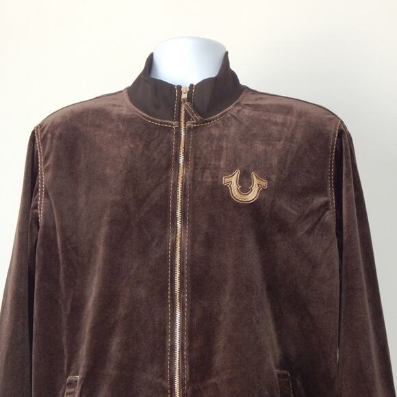 NWT True Religion Velvet Embellished Track Jacket Zip Up Brown Gold Men XXL - Picture 5 of 11